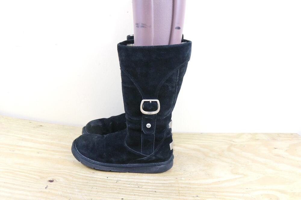 Ugg Boots Womens 7 Black Suede Shearling Lined argo III Snap Buckle Tall Shoes